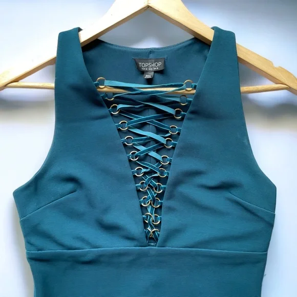 TopShop Old Money Blue BodyCon Dress W/ Deep V (6) - Picture 6 of 11